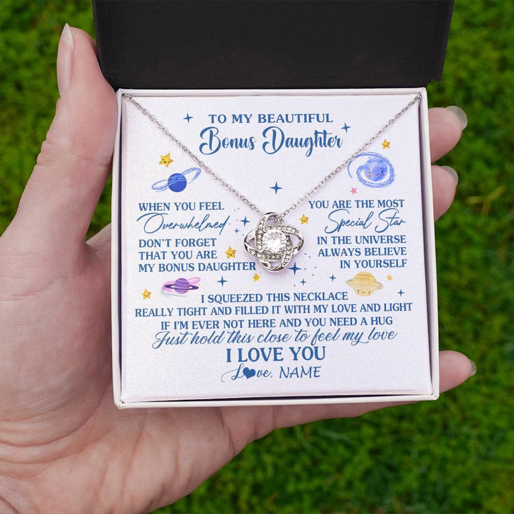 Love Knot Necklace 14K White Gold Finish | 2 | Personalized To My Beautiful Bonus Daughter Gifs From Bonus Mom Necklace Inspirational Stepddaughter Birthday Gifts Christmas Customized Gift Box Message Card | teecentury