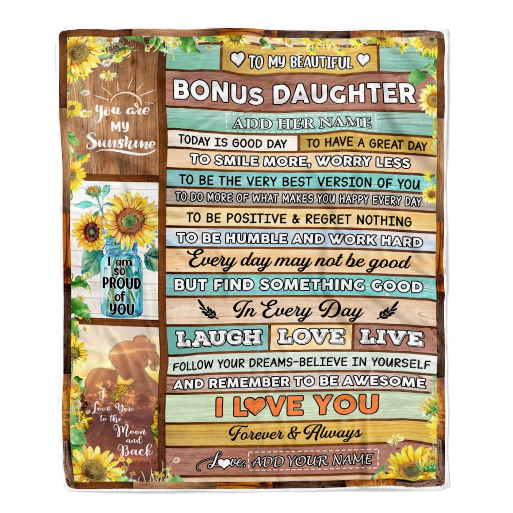 Personalized To My Beautiful Bonus Daughter Gifts Blanket From Stepmother Wood Sunflower Gifts For Stepdaughter Birthday Christmas Customized Fleece Blanket | teecentury