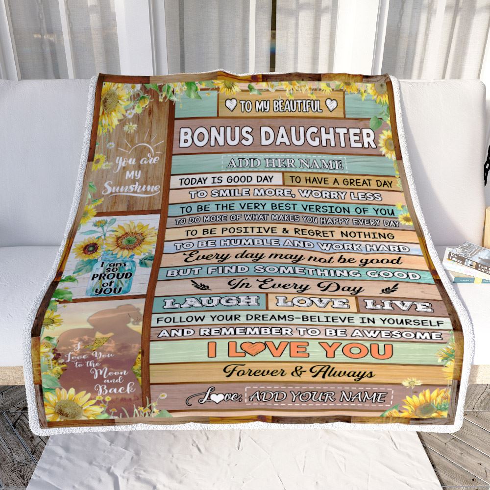 Personalized To My Beautiful Bonus Daughter Gifts Blanket From Stepmother Wood Sunflower Gifts For Stepdaughter Birthday Christmas Customized Fleece Blanket | teecentury