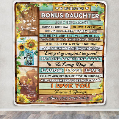 Personalized To My Beautiful Bonus Daughter Gifts Blanket From Stepmother Wood Sunflower Gifts For Stepdaughter Birthday Christmas Customized Fleece Blanket | teecentury