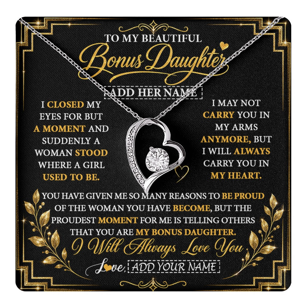 Forever Love Necklace 14K White Gold Finish | 1 | Personalized To My Beautiful Bonus Daughter Gifts From Dad Mom Pendant Necklace I Close My Eyes Birthday Gifts Christmas Graduation Gift Box Message Card | https://teecentury.