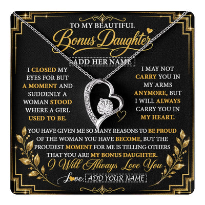 Forever Love Necklace 14K White Gold Finish | 1 | Personalized To My Beautiful Bonus Daughter Gifts From Dad Mom Pendant Necklace I Close My Eyes Birthday Gifts Christmas Graduation Gift Box Message Card | https://teecentury.