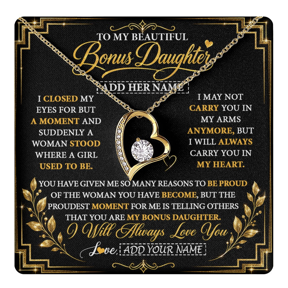 Forever Love Necklace 18K Yellow Gold Finish | 1 | Personalized To My Beautiful Bonus Daughter Gifts From Dad Mom Pendant Necklace I Close My Eyes Birthday Gifts Christmas Graduation Gift Box Message Card | https://teecentury.