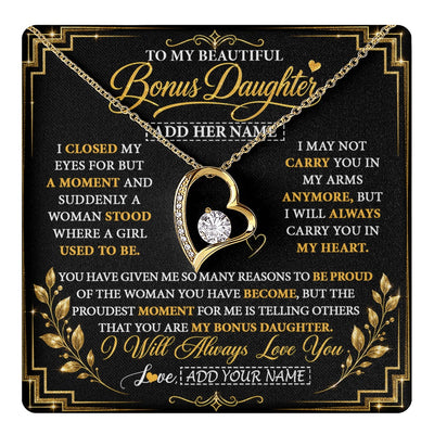Forever Love Necklace 18K Yellow Gold Finish | 1 | Personalized To My Beautiful Bonus Daughter Gifts From Dad Mom Pendant Necklace I Close My Eyes Birthday Gifts Christmas Graduation Gift Box Message Card | https://teecentury.
