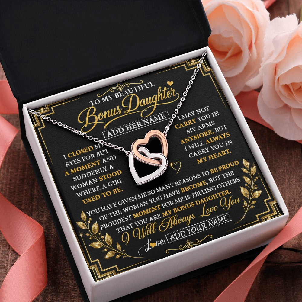 Interlocking Hearts Necklace Stainless Steel & Rose Gold Finish | 2 | Personalized To My Beautiful Bonus Daughter Gifts From Dad Mom Pendant Necklace I Close My Eyes Birthday Gifts Christmas Graduation Gift Box Message Card | https://teecentury.