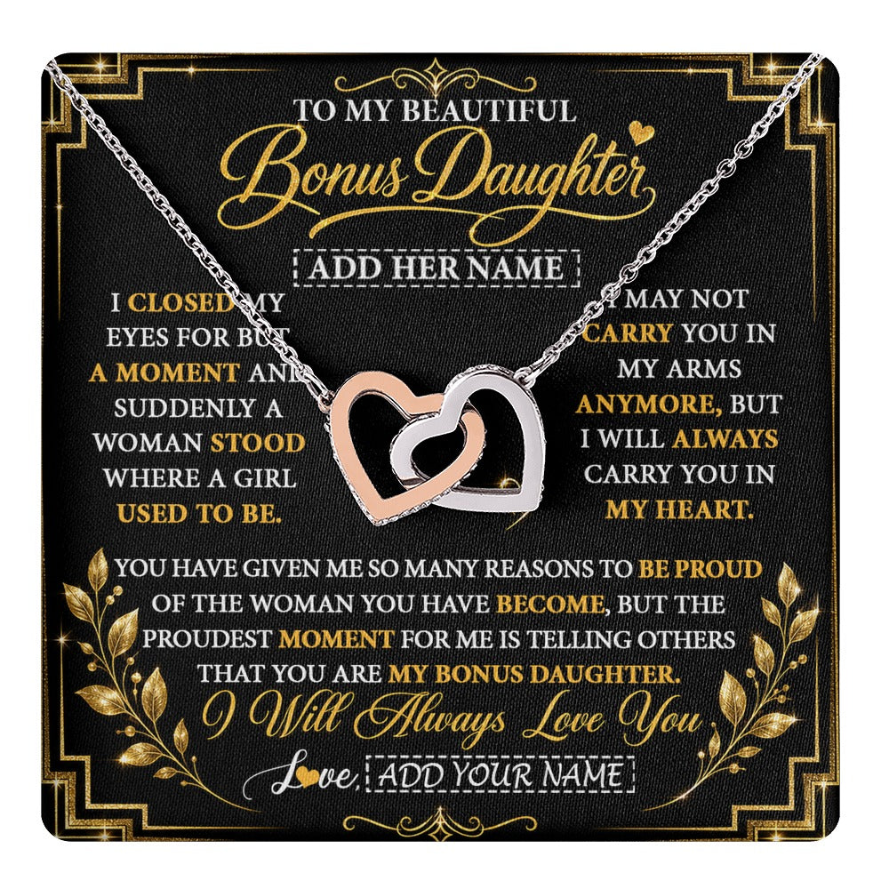 Interlocking Hearts Necklace Stainless Steel & Rose Gold Finish | 1 | Personalized To My Beautiful Bonus Daughter Gifts From Dad Mom Pendant Necklace I Close My Eyes Birthday Gifts Christmas Graduation Gift Box Message Card | https://teecentury.