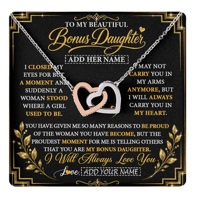 Interlocking Hearts Necklace Stainless Steel & Rose Gold Finish | 1 | Personalized To My Beautiful Bonus Daughter Gifts From Dad Mom Pendant Necklace I Close My Eyes Birthday Gifts Christmas Graduation Gift Box Message Card | https://teecentury.