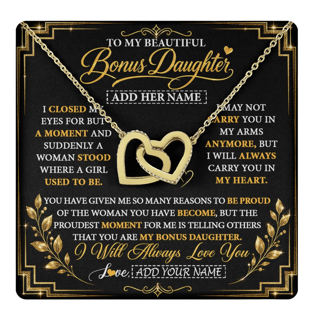 Interlocking Hearts Necklace 18K Yellow Gold Finish | 1 | Personalized To My Beautiful Bonus Daughter Gifts From Dad Mom Pendant Necklace I Close My Eyes Birthday Gifts Christmas Graduation Gift Box Message Card | https://teecentury.