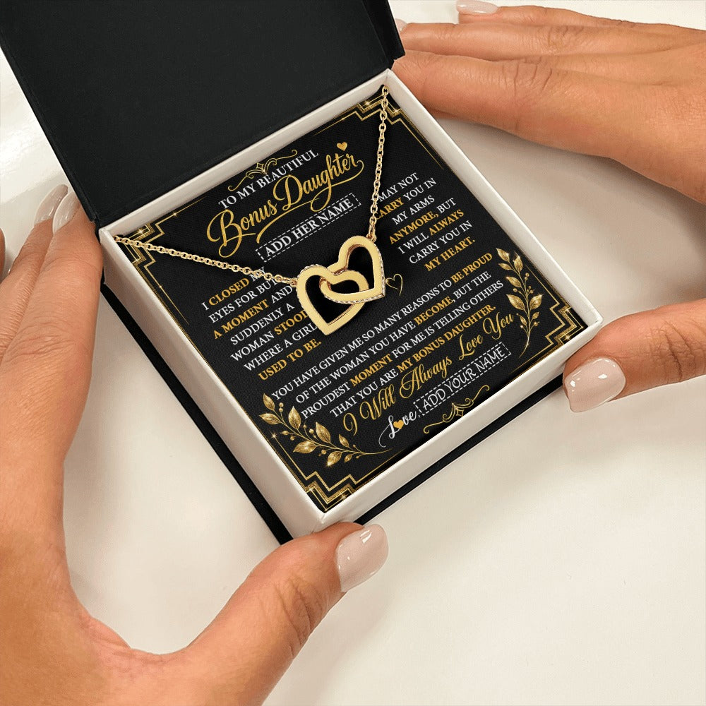 Interlocking Hearts Necklace 18K Yellow Gold Finish | 2 | Personalized To My Beautiful Bonus Daughter Gifts From Dad Mom Pendant Necklace I Close My Eyes Birthday Gifts Christmas Graduation Gift Box Message Card | https://teecentury.