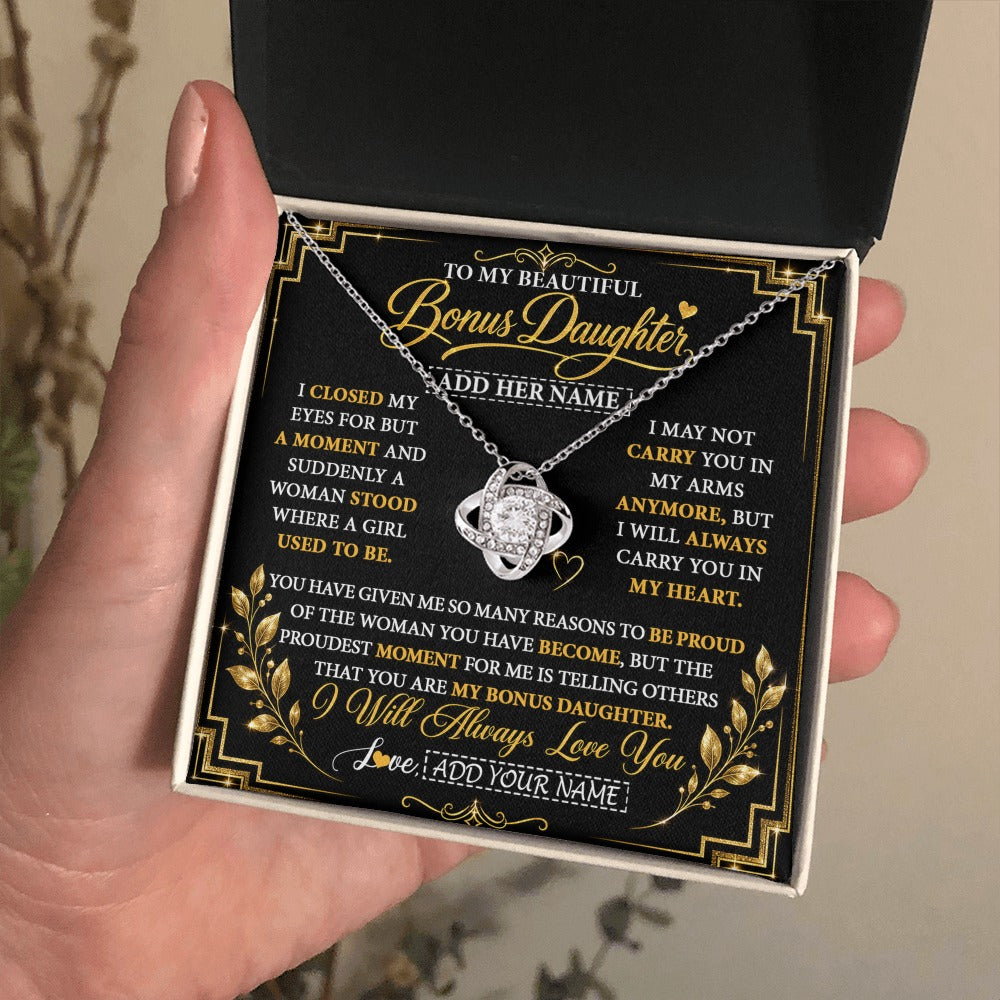 Love Knot Necklace 14K White Gold Finish | 2 | Personalized To My Beautiful Bonus Daughter Gifts From Dad Mom Pendant Necklace I Close My Eyes Birthday Gifts Christmas Graduation Gift Box Message Card | https://teecentury.