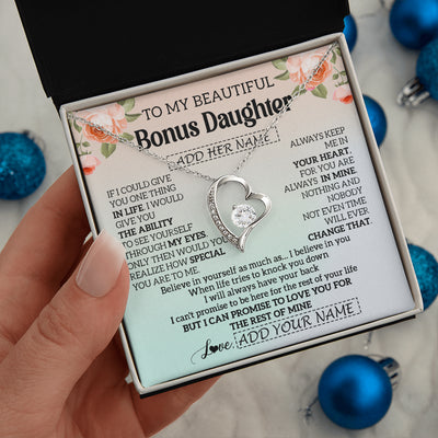 Forever Love Necklace 14K White Gold Finish | 2 | Personalized To My Beautiful Bonus Daughter Gifts Necklace From Step Mom Love Jewelry For Stepddaughter Birthday Christmas Customized Gift Box Message Card | teecentury