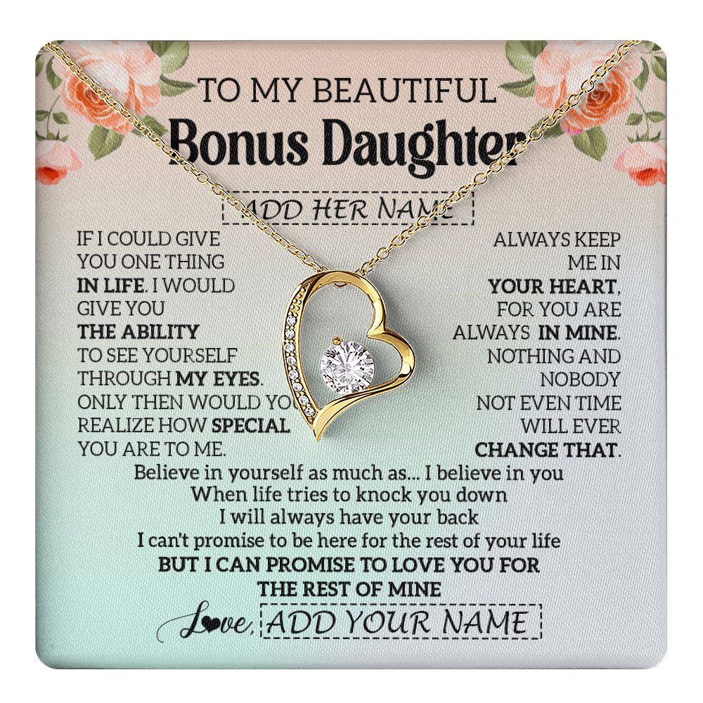 Forever Love Necklace 18K Yellow Gold Finish | 1 | Personalized To My Beautiful Bonus Daughter Gifts Necklace From Step Mom Love Jewelry For Stepddaughter Birthday Christmas Customized Gift Box Message Card | teecentury