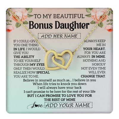 Interlocking Hearts Necklace 18K Yellow Gold Finish | 1 | Personalized To My Beautiful Bonus Daughter Gifts Necklace From Step Mom Love Jewelry For Stepddaughter Birthday Christmas Customized Gift Box Message Card | teecentury