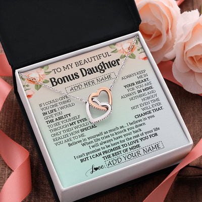 Interlocking Hearts Necklace Stainless Steel & Rose Gold Finish | 2 | Personalized To My Beautiful Bonus Daughter Gifts Necklace From Step Mom Love Jewelry For Stepddaughter Birthday Christmas Customized Gift Box Message Card | teecentury