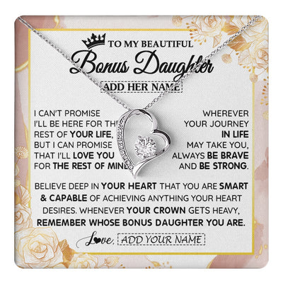 Forever Love Necklace 14K White Gold Finish | 1 | Personalized To My Beautiful Bonus Daughter Gifts Necklace From Stepmom Stepdad Crown Jewelry Present On Birthday Stepdaughter Christmas Gift Box Message Card | https://teecentury.