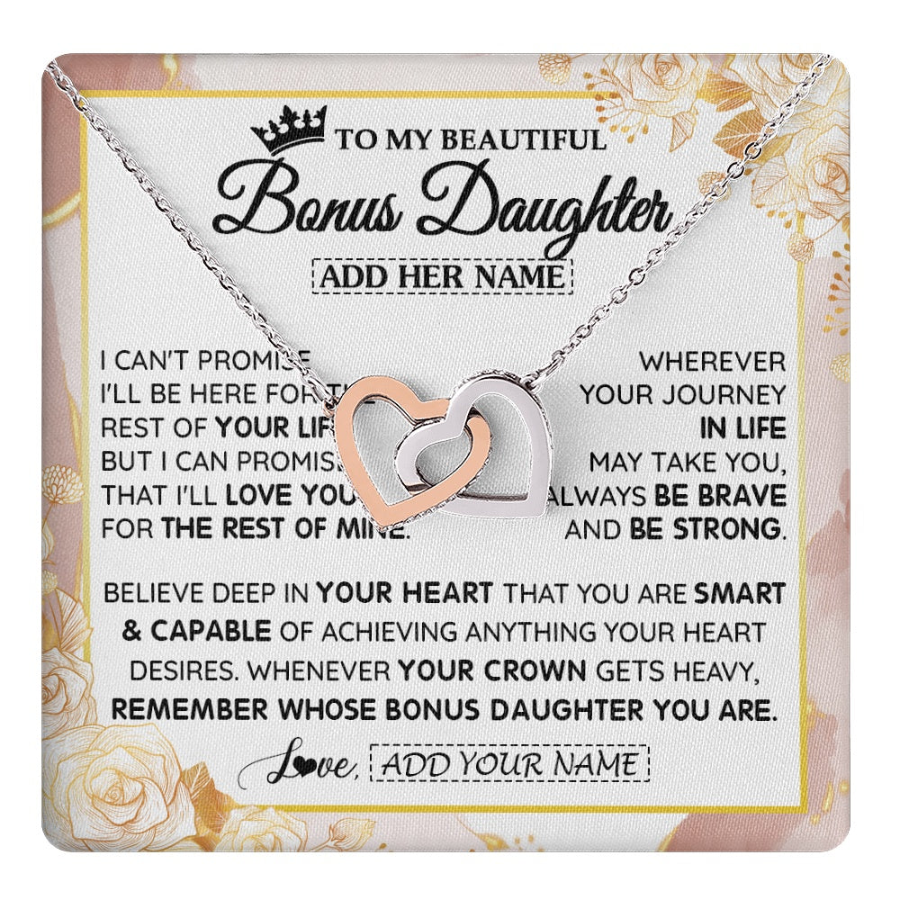 Interlocking Hearts Necklace Stainless Steel & Rose Gold Finish | 1 | Personalized To My Beautiful Bonus Daughter Gifts Necklace From Stepmom Stepdad Crown Jewelry Present On Birthday Stepdaughter Christmas Gift Box Message Card | https://teecentury.