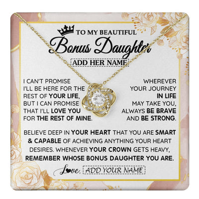 Love Knot Necklace 18K Yellow Gold Finish | 1 | Personalized To My Beautiful Bonus Daughter Gifts Necklace From Stepmom Stepdad Crown Jewelry Present On Birthday Stepdaughter Christmas Gift Box Message Card | https://teecentury.