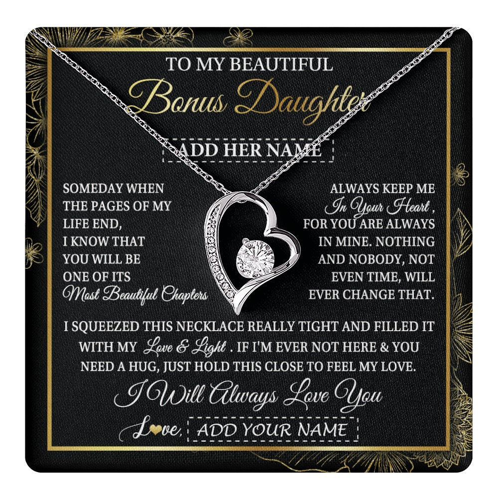Forever Love Necklace 14K White Gold Finish | 1 | Personalized To My Beautiful Bonus Daughter Gifts Necklace From Stepmom Stepdad Feel My Love For Adult Stepdaughter Christmas Graduation Gift Box Message Card | https://teecentury.