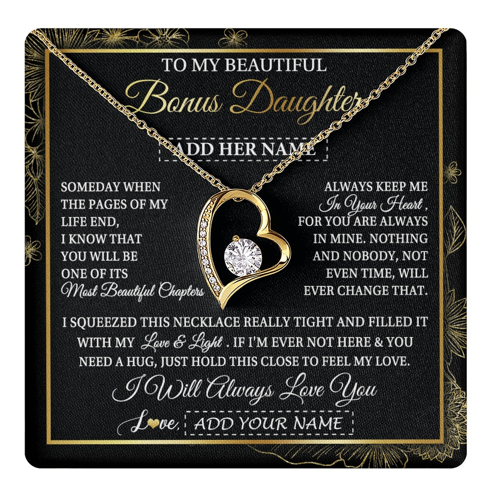 Forever Love Necklace 18K Yellow Gold Finish | 1 | Personalized To My Beautiful Bonus Daughter Gifts Necklace From Stepmom Stepdad Feel My Love For Adult Stepdaughter Christmas Graduation Gift Box Message Card | https://teecentury.