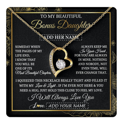 Forever Love Necklace 18K Yellow Gold Finish | 1 | Personalized To My Beautiful Bonus Daughter Gifts Necklace From Stepmom Stepdad Feel My Love For Adult Stepdaughter Christmas Graduation Gift Box Message Card | https://teecentury.