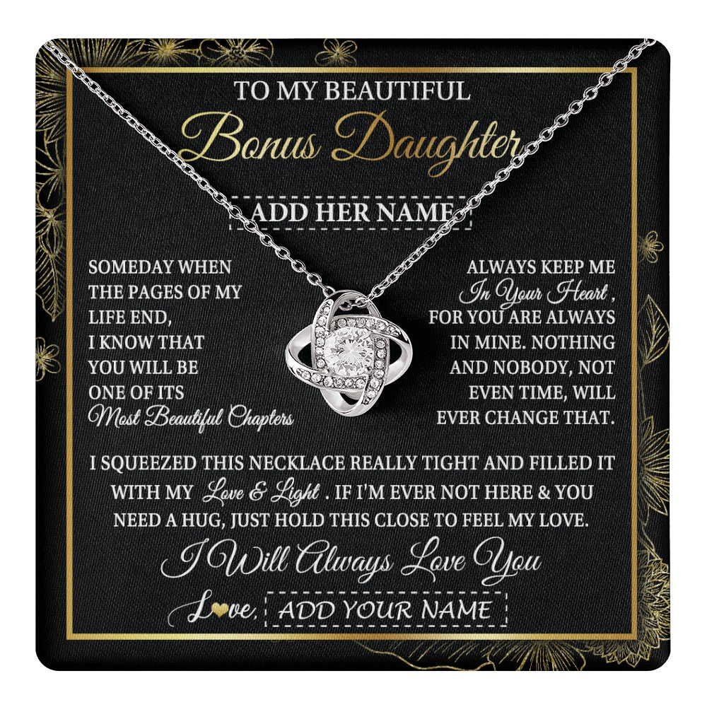 Love Knot Necklace 14K White Gold Finish | 1 | Personalized To My Beautiful Bonus Daughter Gifts Necklace From Stepmom Stepdad Feel My Love For Adult Stepdaughter Christmas Graduation Gift Box Message Card | https://teecentury.