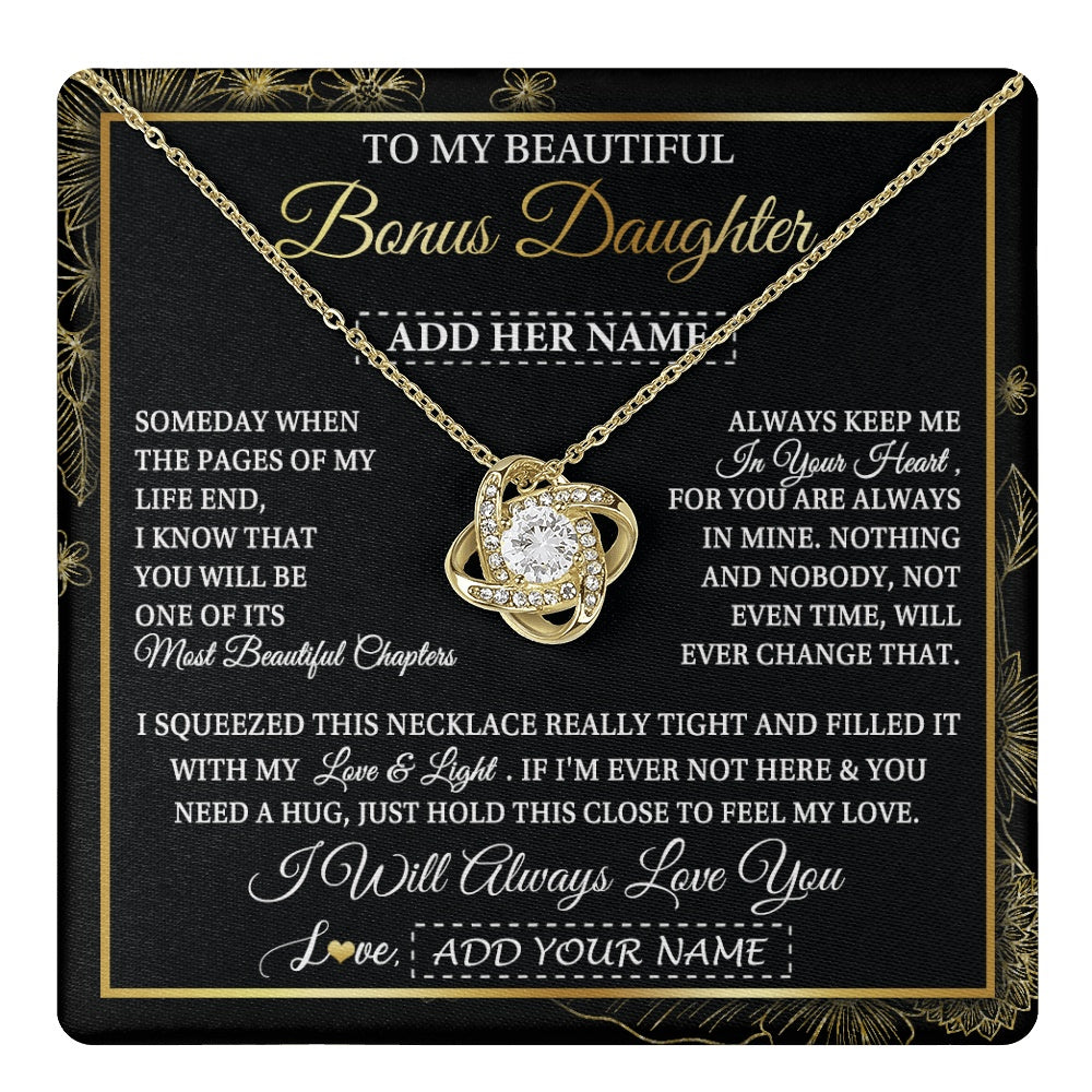 Love Knot Necklace 18K Yellow Gold Finish | 1 | Personalized To My Beautiful Bonus Daughter Gifts Necklace From Stepmom Stepdad Feel My Love For Adult Stepdaughter Christmas Graduation Gift Box Message Card | https://teecentury.