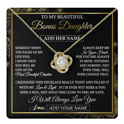 Love Knot Necklace 18K Yellow Gold Finish | 1 | Personalized To My Beautiful Bonus Daughter Gifts Necklace From Stepmom Stepdad Feel My Love For Adult Stepdaughter Christmas Graduation Gift Box Message Card | https://teecentury.