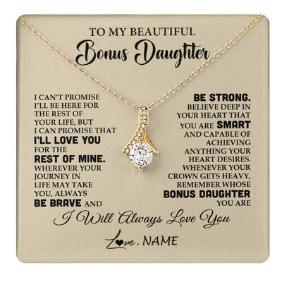Alluring Beauty Necklace 18K Yellow Gold Finish | 1 | Personalized To My Beautiful Bonus Daughter Gifts Necklace From Stepmom Stepdad Inspirational Birthday Gift For Stepddaughter Graduation Christmas Message Card | teecentury