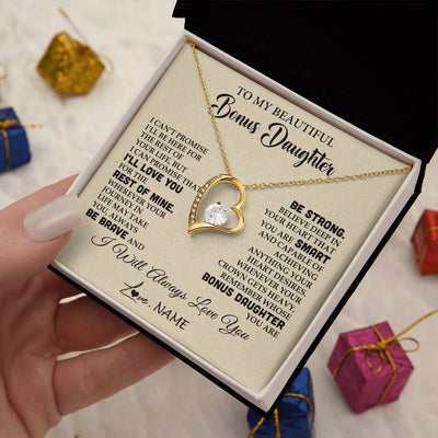 Forever Love Necklace 18K Yellow Gold Finish | 2 | Personalized To My Beautiful Bonus Daughter Gifts Necklace From Stepmom Stepdad Inspirational Birthday Gift For Stepddaughter Graduation Christmas Message Card | teecentury