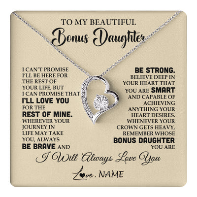 Forever Love Necklace 14K White Gold Finish | 1 | Personalized To My Beautiful Bonus Daughter Gifts Necklace From Stepmom Stepdad Inspirational Birthday Gift For Stepddaughter Graduation Christmas Message Card | teecentury