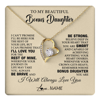 Forever Love Necklace 18K Yellow Gold Finish | 1 | Personalized To My Beautiful Bonus Daughter Gifts Necklace From Stepmom Stepdad Inspirational Birthday Gift For Stepddaughter Graduation Christmas Message Card | teecentury