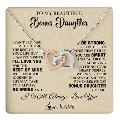 Interlocking Hearts Necklace Stainless Steel & Rose Gold Finish | 1 | Personalized To My Beautiful Bonus Daughter Gifts Necklace From Stepmom Stepdad Inspirational Birthday Gift For Stepddaughter Graduation Christmas Message Card | teecentury