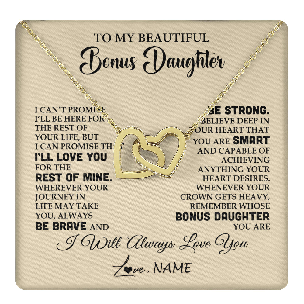 Interlocking Hearts Necklace 18K Yellow Gold Finish | 1 | Personalized To My Beautiful Bonus Daughter Gifts Necklace From Stepmom Stepdad Inspirational Birthday Gift For Stepddaughter Graduation Christmas Message Card | teecentury