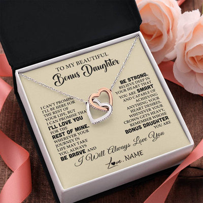 Interlocking Hearts Necklace Stainless Steel & Rose Gold Finish | 2 | Personalized To My Beautiful Bonus Daughter Gifts Necklace From Stepmom Stepdad Inspirational Birthday Gift For Stepddaughter Graduation Christmas Message Card | teecentury