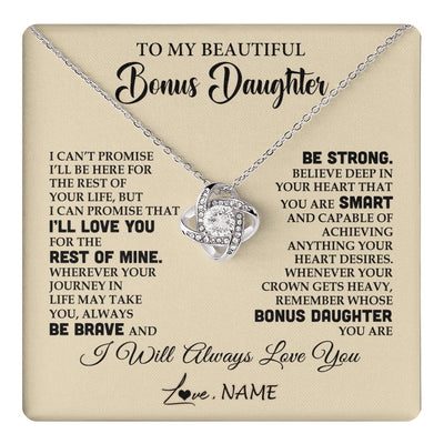 Love Knot Necklace 14K White Gold Finish | 1 | Personalized To My Beautiful Bonus Daughter Gifts Necklace From Stepmom Stepdad Inspirational Birthday Gift For Stepddaughter Graduation Christmas Message Card | teecentury