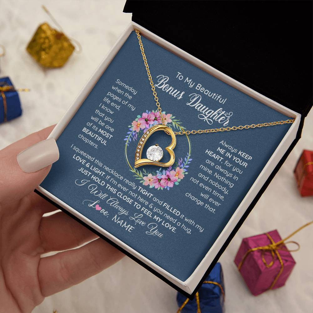 Forever Love Necklace 18K Yellow Gold Finish | 2 | Personalized To My Beautiful Bonus Daughter Necklace From Bonus Mom Someday When The Pages Bonus Daughter Birthday Christmas Customized Gift Box Message Card | teecentury