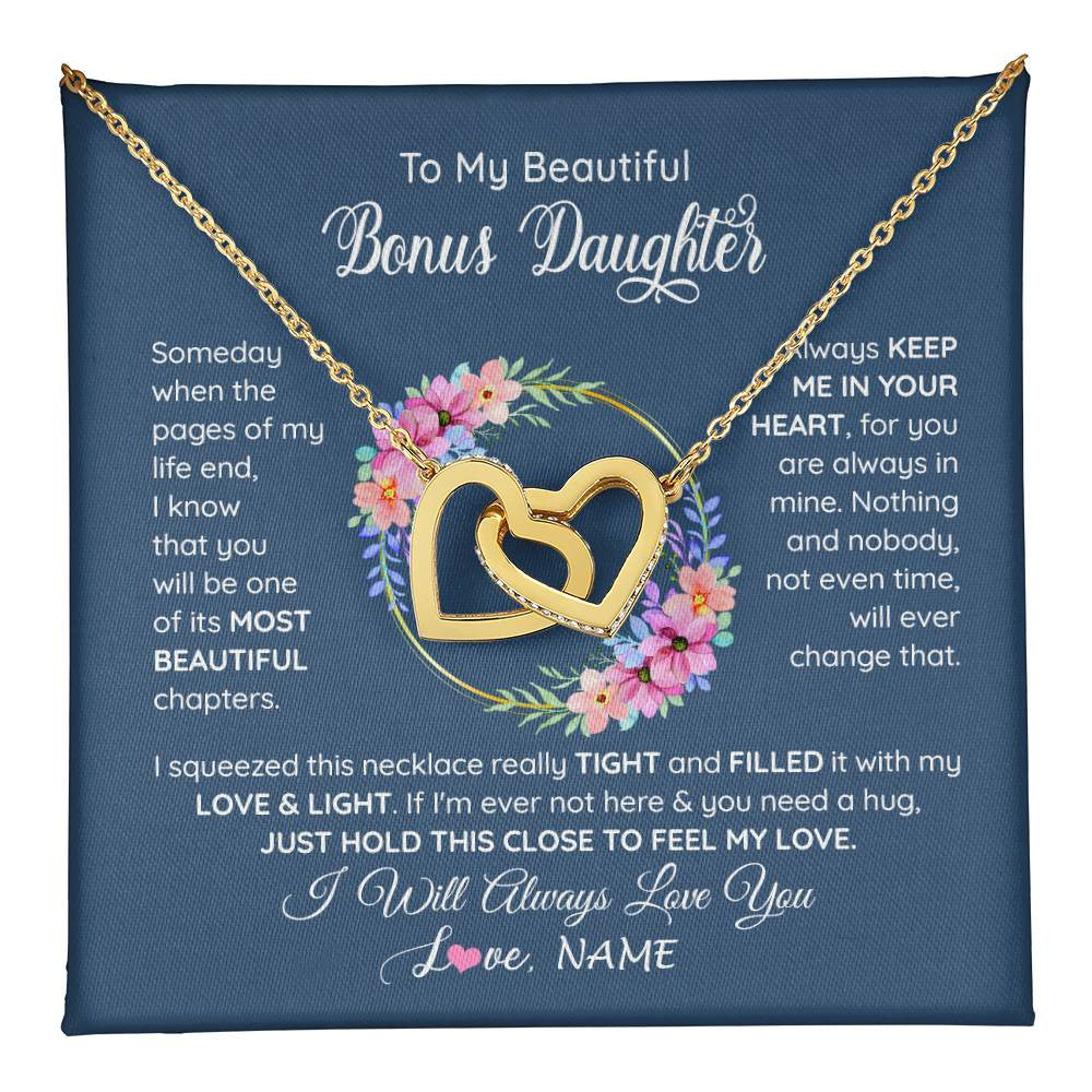 Interlocking Hearts Necklace 18K Yellow Gold Finish | 1 | Personalized To My Beautiful Bonus Daughter Necklace From Bonus Mom Someday When The Pages Bonus Daughter Birthday Christmas Customized Gift Box Message Card | teecentury