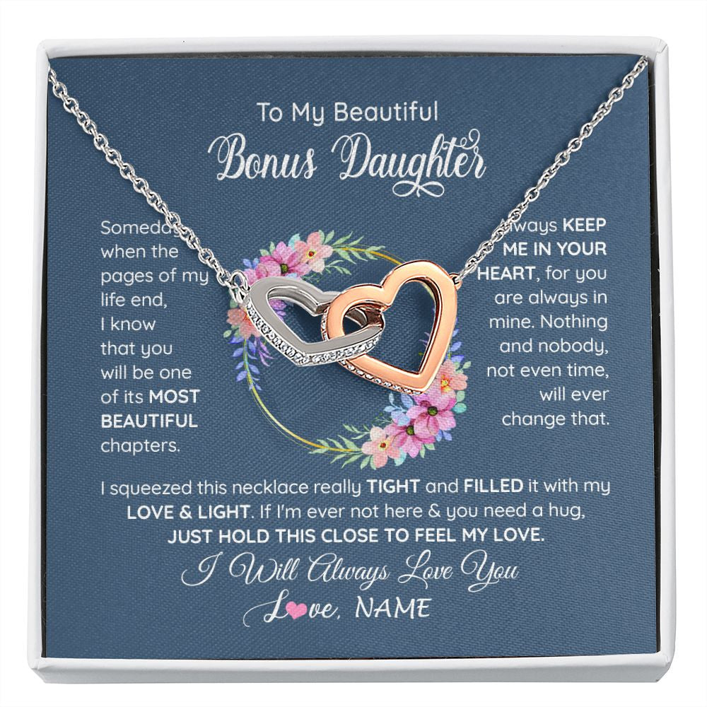 Interlocking Hearts Necklace | Personalized To My Beautiful Bonus Daughter Necklace From Bonus Mom Someday When The Pages Bonus Daughter Birthday Christmas Customized Gift Box Message Card | teecentury