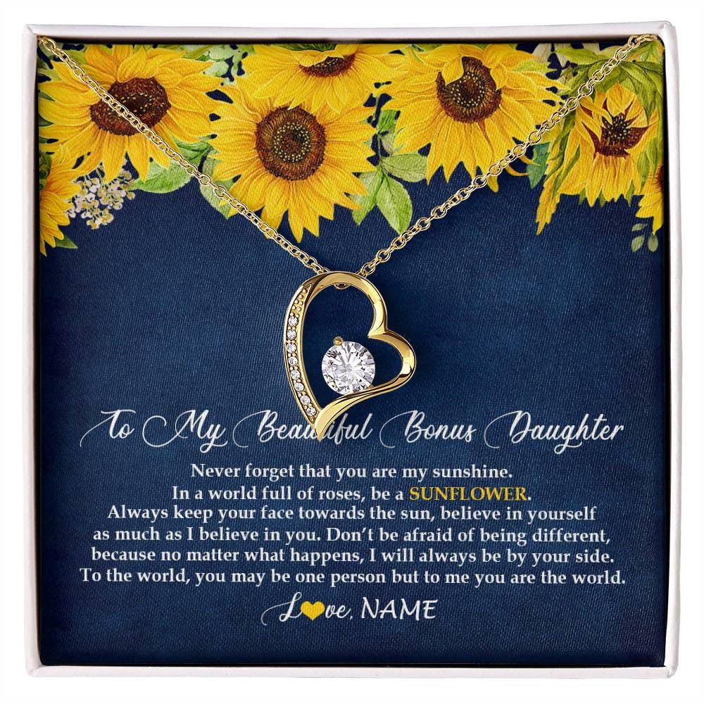 Forever Love Necklace 18K Yellow Gold Finish | Personalized To My Beautiful Bonus Daughter Necklace From Mom Be A Sunflower My Sunshine Stepdaughter Birthday Christmas Customized Gift Box Message Card | teecentury