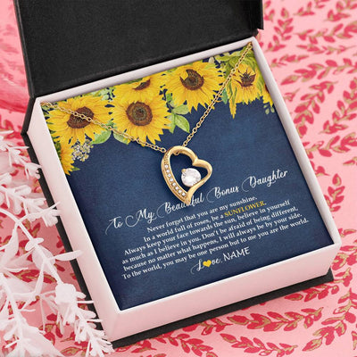 Forever Love Necklace 18K Yellow Gold Finish | Personalized To My Beautiful Bonus Daughter Necklace From Mom Be A Sunflower My Sunshine Stepdaughter Birthday Christmas Customized Gift Box Message Card | teecentury