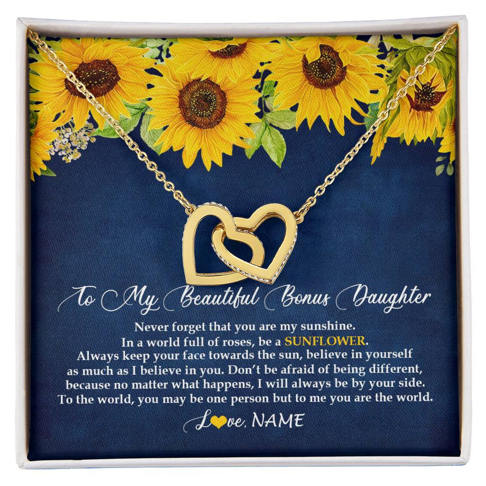 Interlocking Hearts Necklace 18K Yellow Gold Finish | Personalized To My Beautiful Bonus Daughter Necklace From Mom Be A Sunflower My Sunshine Stepdaughter Birthday Christmas Customized Gift Box Message Card | teecentury
