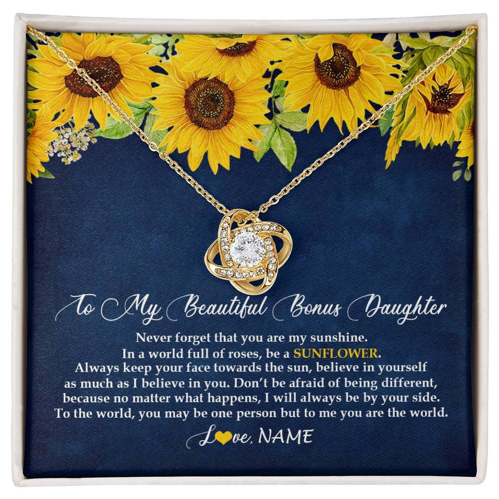 Love Knot Necklace 18K Yellow Gold Finish | Personalized To My Beautiful Bonus Daughter Necklace From Mom Be A Sunflower My Sunshine Stepdaughter Birthday Christmas Customized Gift Box Message Card | teecentury