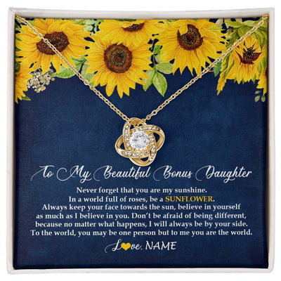 Love Knot Necklace 18K Yellow Gold Finish | Personalized To My Beautiful Bonus Daughter Necklace From Mom Be A Sunflower My Sunshine Stepdaughter Birthday Christmas Customized Gift Box Message Card | teecentury