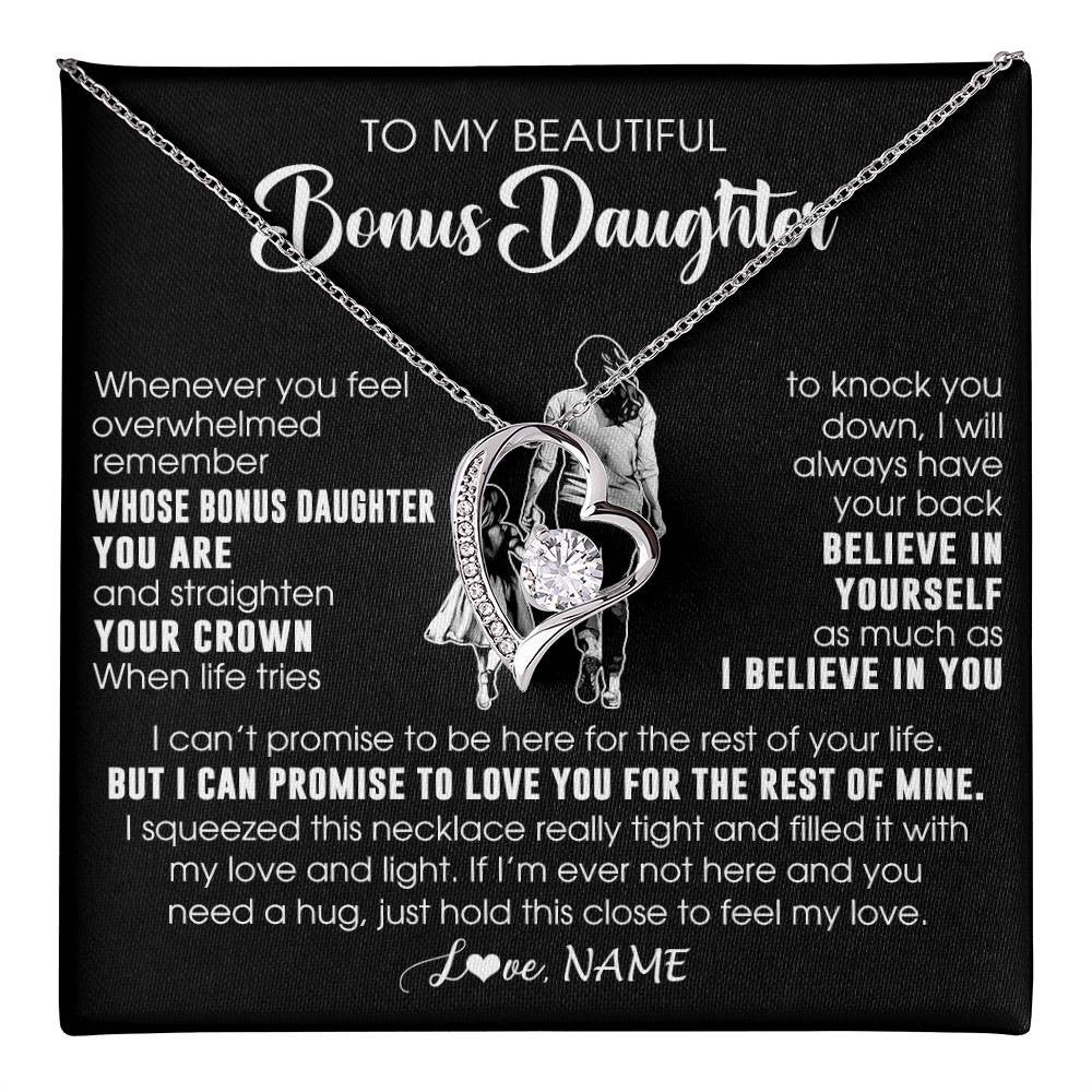 Forever Love Necklace 14K White Gold Finish | 1 | Personalized To My Beautiful Bonus Daughter Necklace From Step Mom Believe In Yourself Stepdaughter Birthday Gifts Jewelry Christmas Customized Message Card | teecentury