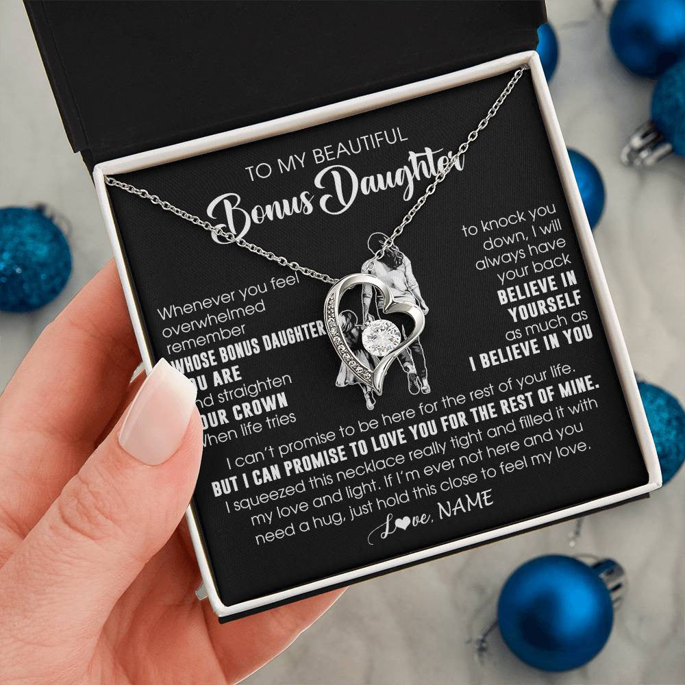 Forever Love Necklace 14K White Gold Finish | 2 | Personalized To My Beautiful Bonus Daughter Necklace From Step Mom Believe In Yourself Stepdaughter Birthday Gifts Jewelry Christmas Customized Message Card | teecentury