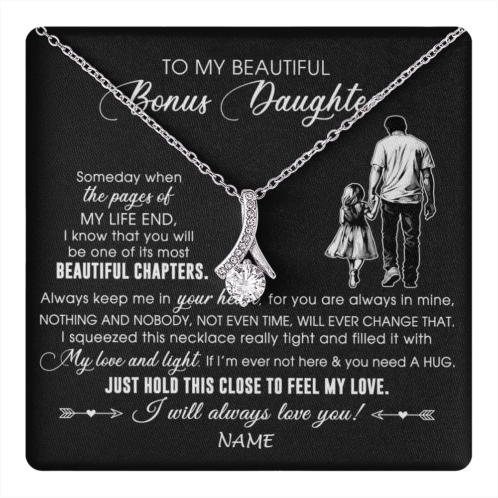 Alluring Beauty Necklace 14K White Gold Finish | 1 | Personalized To My Beautiful Bonus Daughter Necklace From Stepdad Always Love You Stepdaugher Birthday Graduation Christmas Customized Gift Box Message Card | teecentury