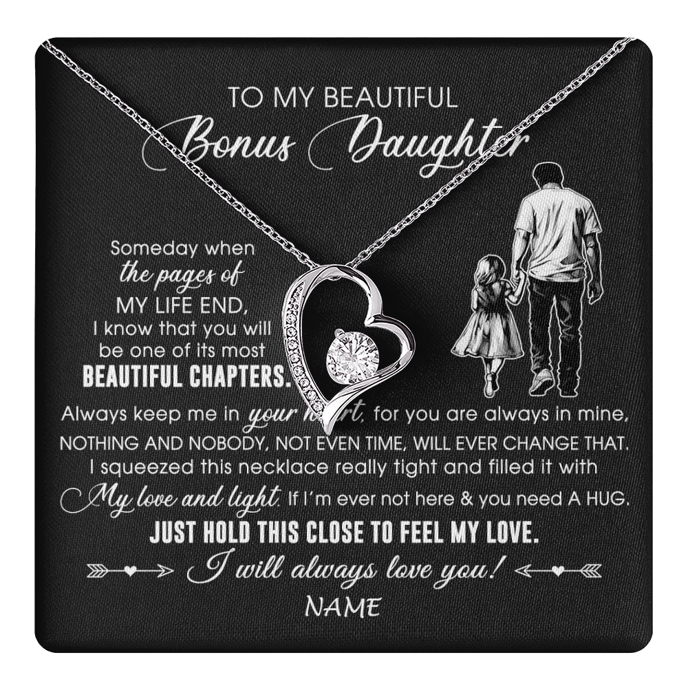 Forever Love Necklace 14K White Gold Finish | 1 | Personalized To My Beautiful Bonus Daughter Necklace From Stepdad Always Love You Stepdaugher Birthday Graduation Christmas Customized Gift Box Message Card | teecentury