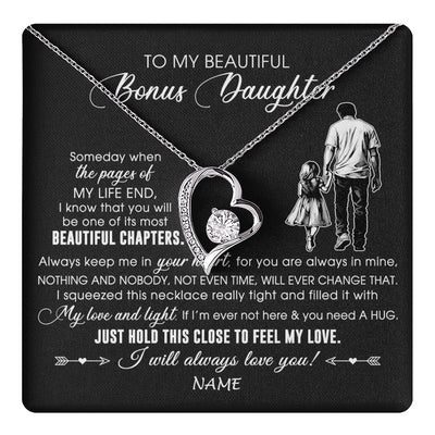 Forever Love Necklace 14K White Gold Finish | 1 | Personalized To My Beautiful Bonus Daughter Necklace From Stepdad Always Love You Stepdaugher Birthday Graduation Christmas Customized Gift Box Message Card | teecentury