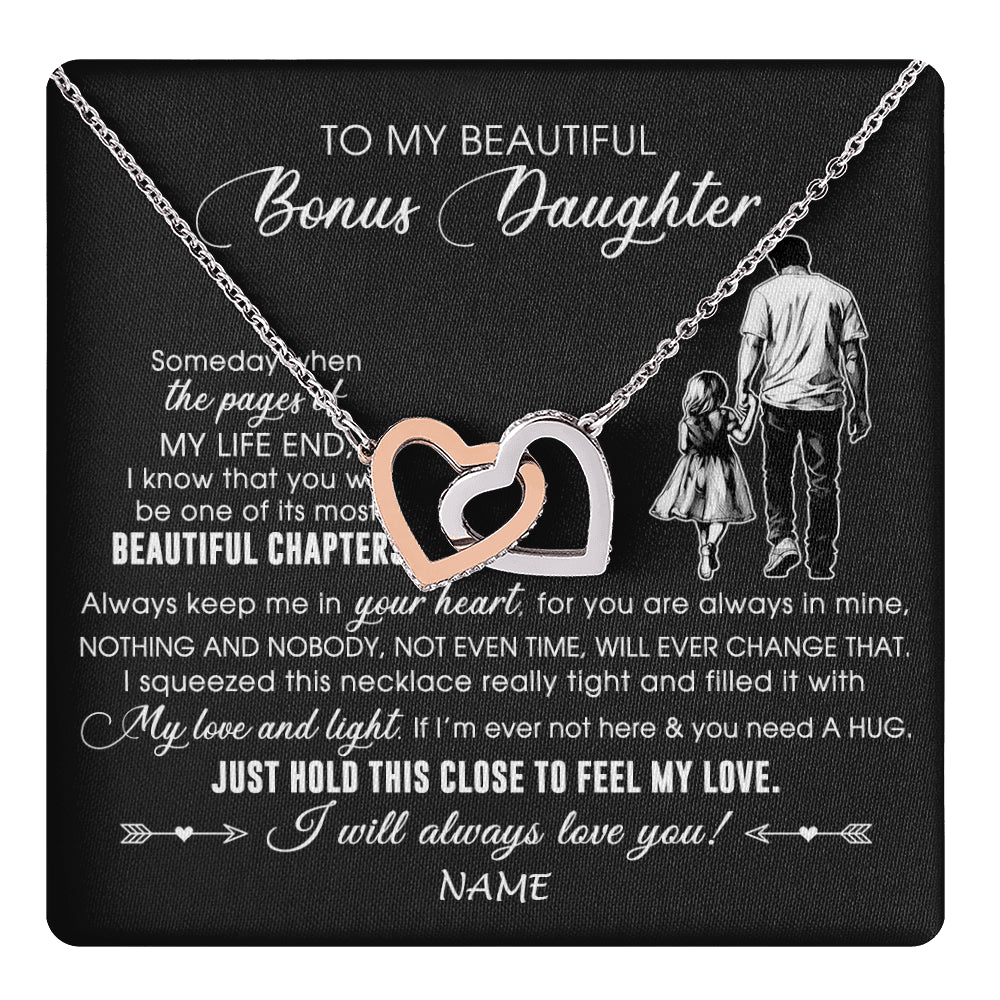 Interlocking Hearts Necklace Stainless Steel & Rose Gold Finish | 1 | Personalized To My Beautiful Bonus Daughter Necklace From Stepdad Always Love You Stepdaugher Birthday Graduation Christmas Customized Gift Box Message Card | teecentury