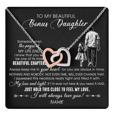 Interlocking Hearts Necklace Stainless Steel & Rose Gold Finish | 1 | Personalized To My Beautiful Bonus Daughter Necklace From Stepdad Always Love You Stepdaugher Birthday Graduation Christmas Customized Gift Box Message Card | teecentury